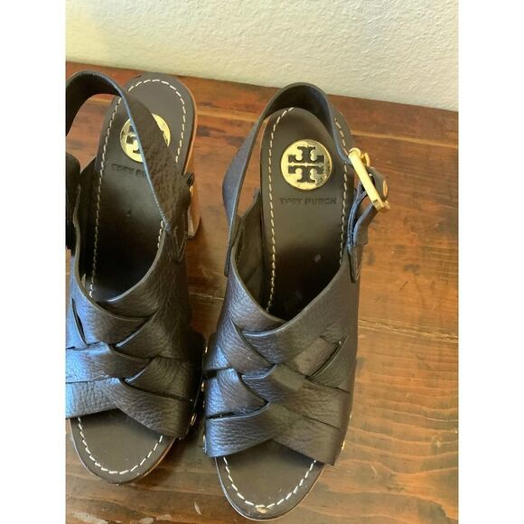 TORY BURCH Jodie Brown Leather Wooden Heels 7.5M - Picture 10 of 13
